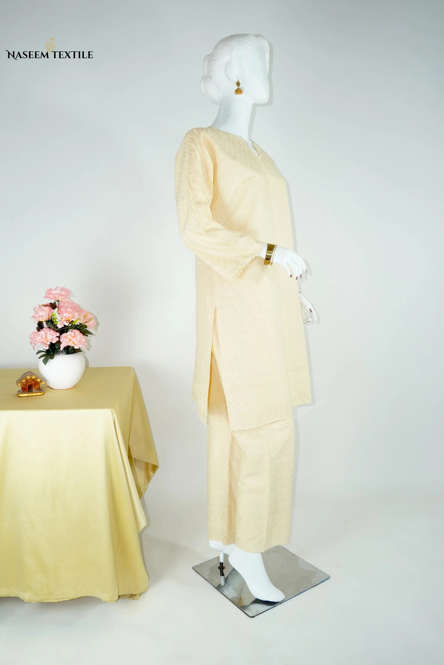 Everyday Luxe - Cream Beige Chikankari 2-piece Stitched Suit for Women | Kurta & Trouser | NT-WS03