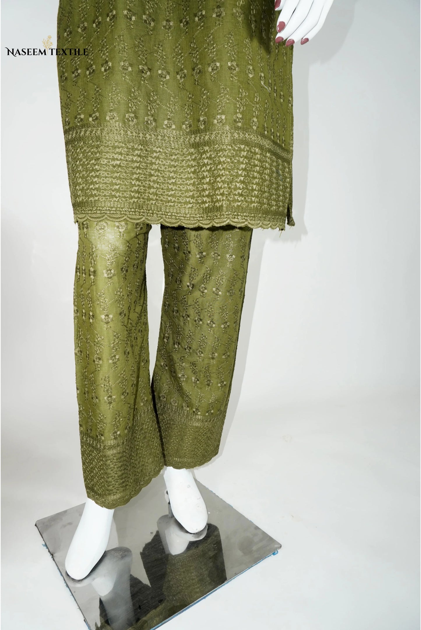 Everyday Luxe - Olive Green Chikankari 2-piece Stitched Suit for Women | Kurta & Trouser | NT-WS01