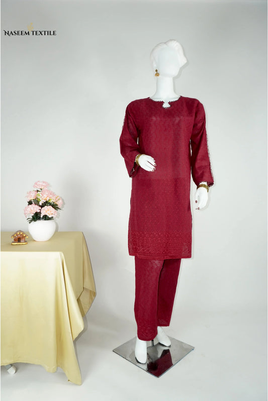 Everyday Luxe - Maroon Chikankari 2-piece Stitched Suit for Women | Kurta & Trouser | NT-WS6