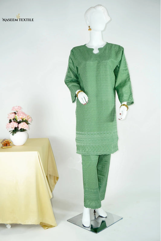 Everyday Luxe - Green Chikankari 2-piece Stitched Suit for Women | Kurta & Trouser | NT-WS07