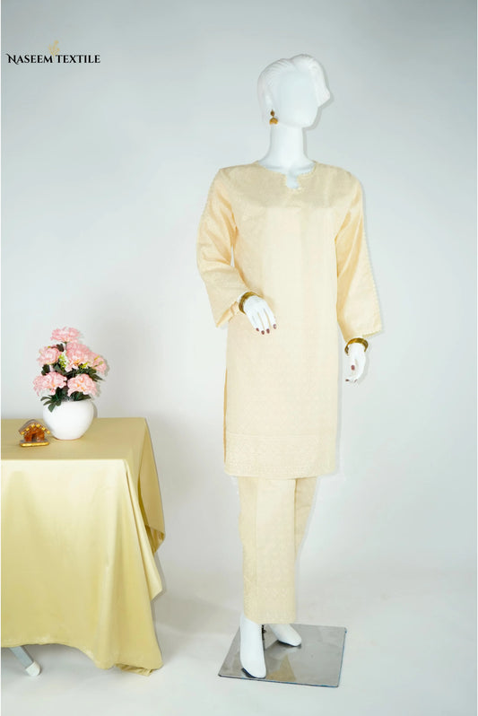 Everyday Luxe - Cream Beige Chikankari 2-piece Stitched Suit for Women | Kurta & Trouser | NT-WS03