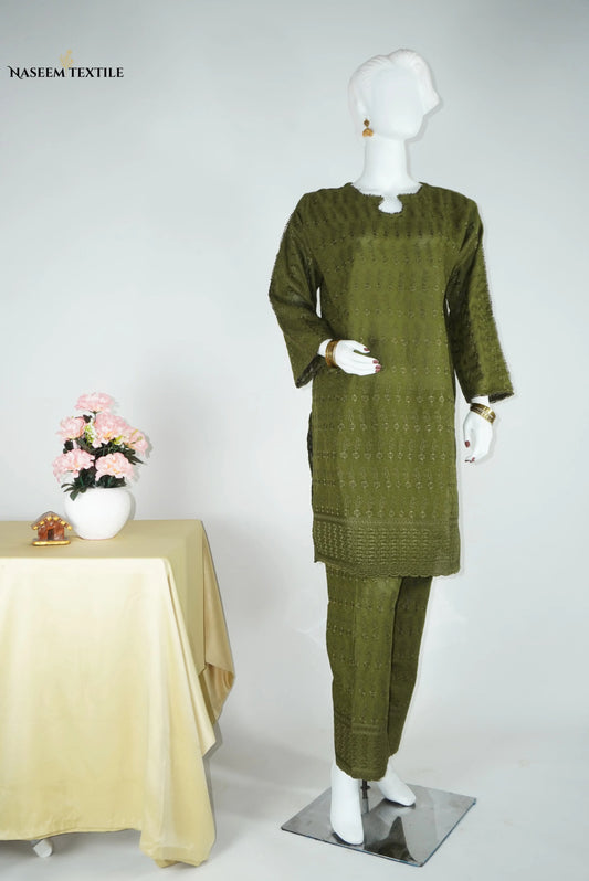 Everyday Luxe - Olive Green Chikankari 2-piece Stitched Suit for Women | Kurta & Trouser | NT-WS01