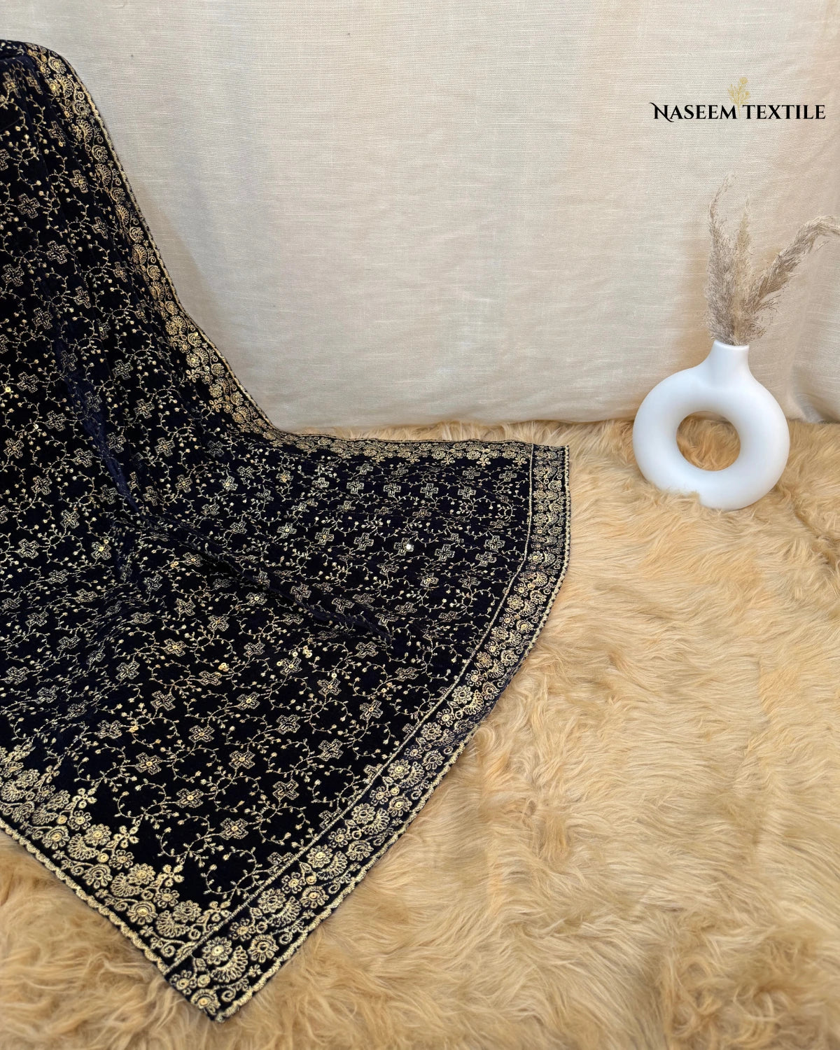 Midnight Blue Embroidered Velvet Shawl – Luxe Winter Collection | NT-VS-01