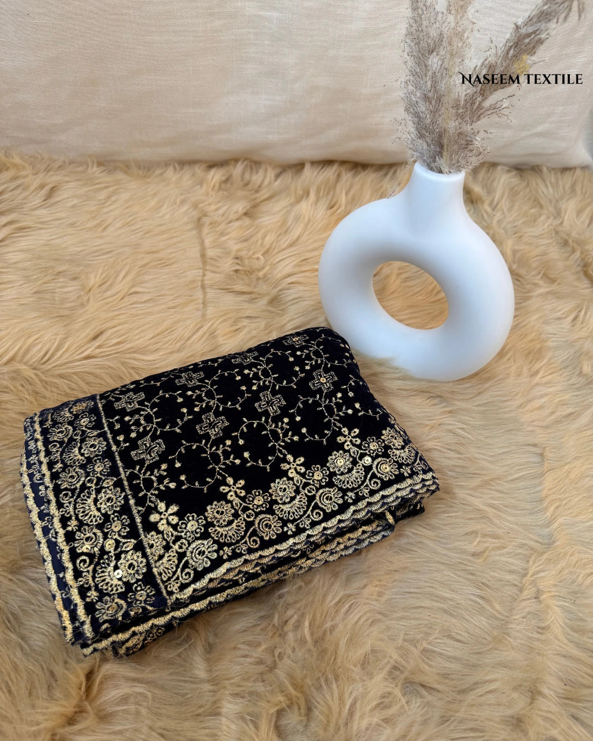 Midnight Blue Embroidered Velvet Shawl – Luxe Winter Collection | NT-VS-01