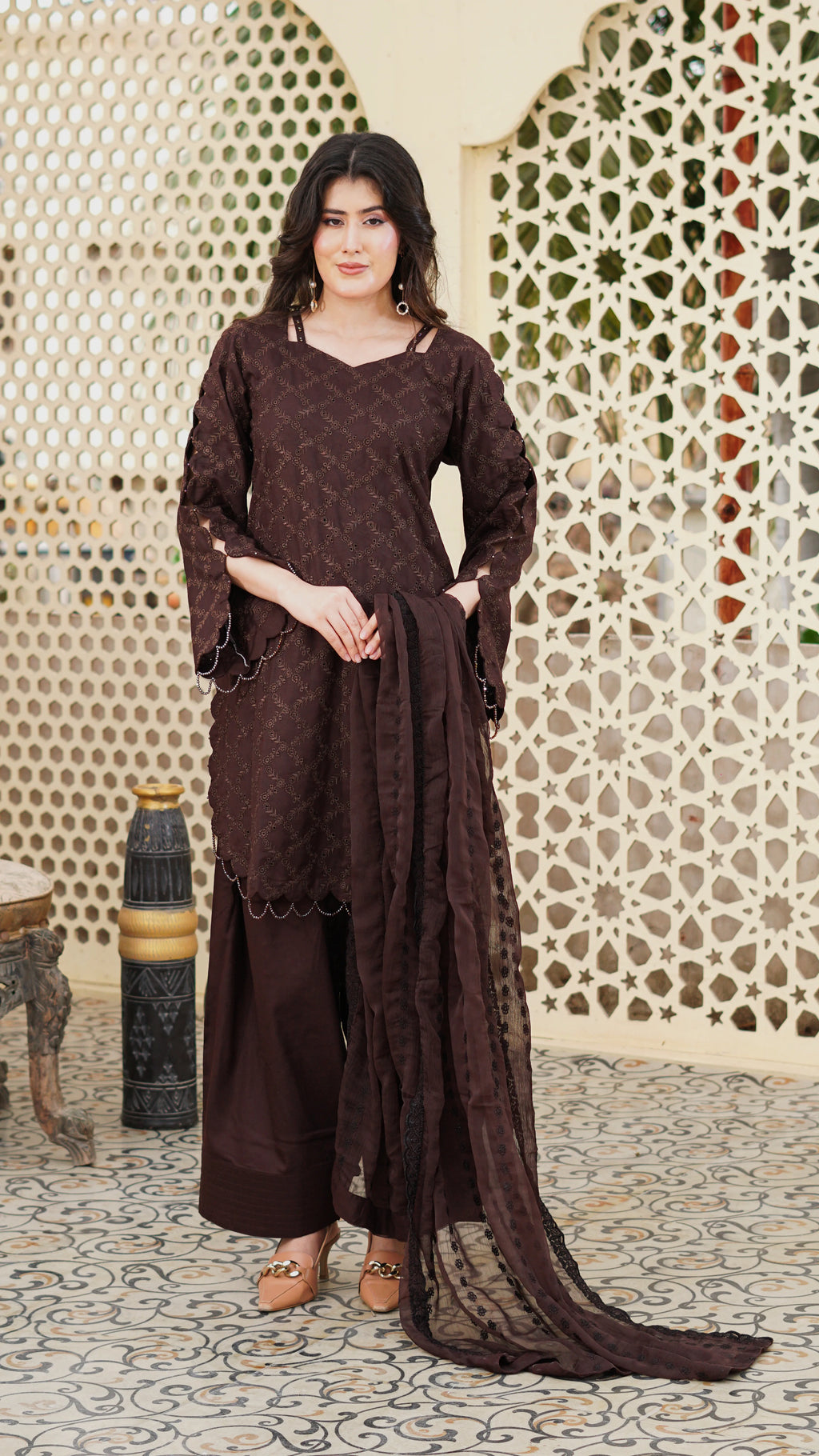 Qahwa – Premium Embroidered Stitched Dhanak 3 Piece Suit | The Festive Pret
