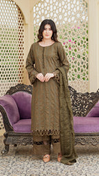 Khizan – Premium Embroidered Stitched Dhanak 3 Piece Suit | The Festive Pret