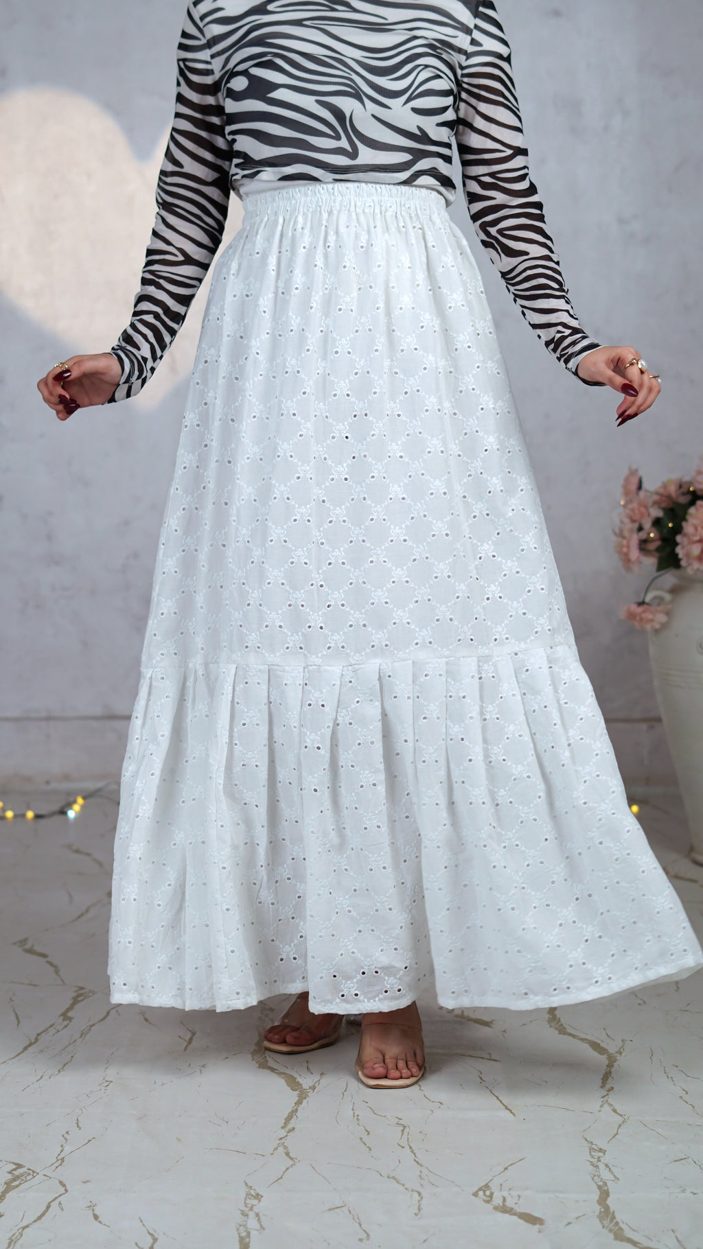 Pearl Lattice Chikankari Tiered Skirt | The Western Edit