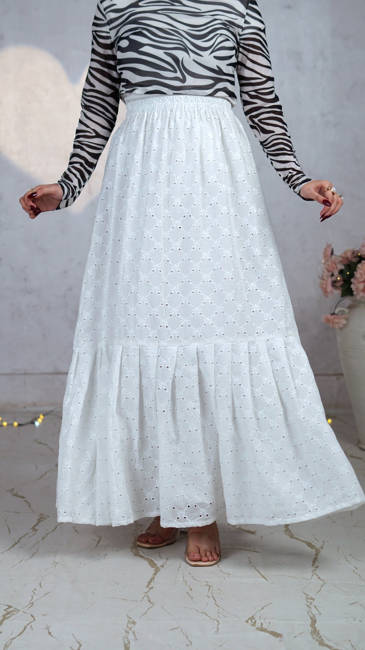 Pearl Lattice Chikankari Tiered Skirt | The Western Edit