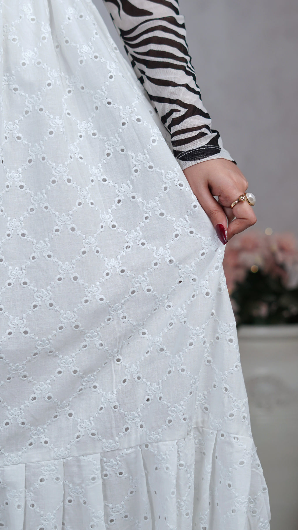 Pearl Lattice Chikankari Tiered Skirt | The Western Edit