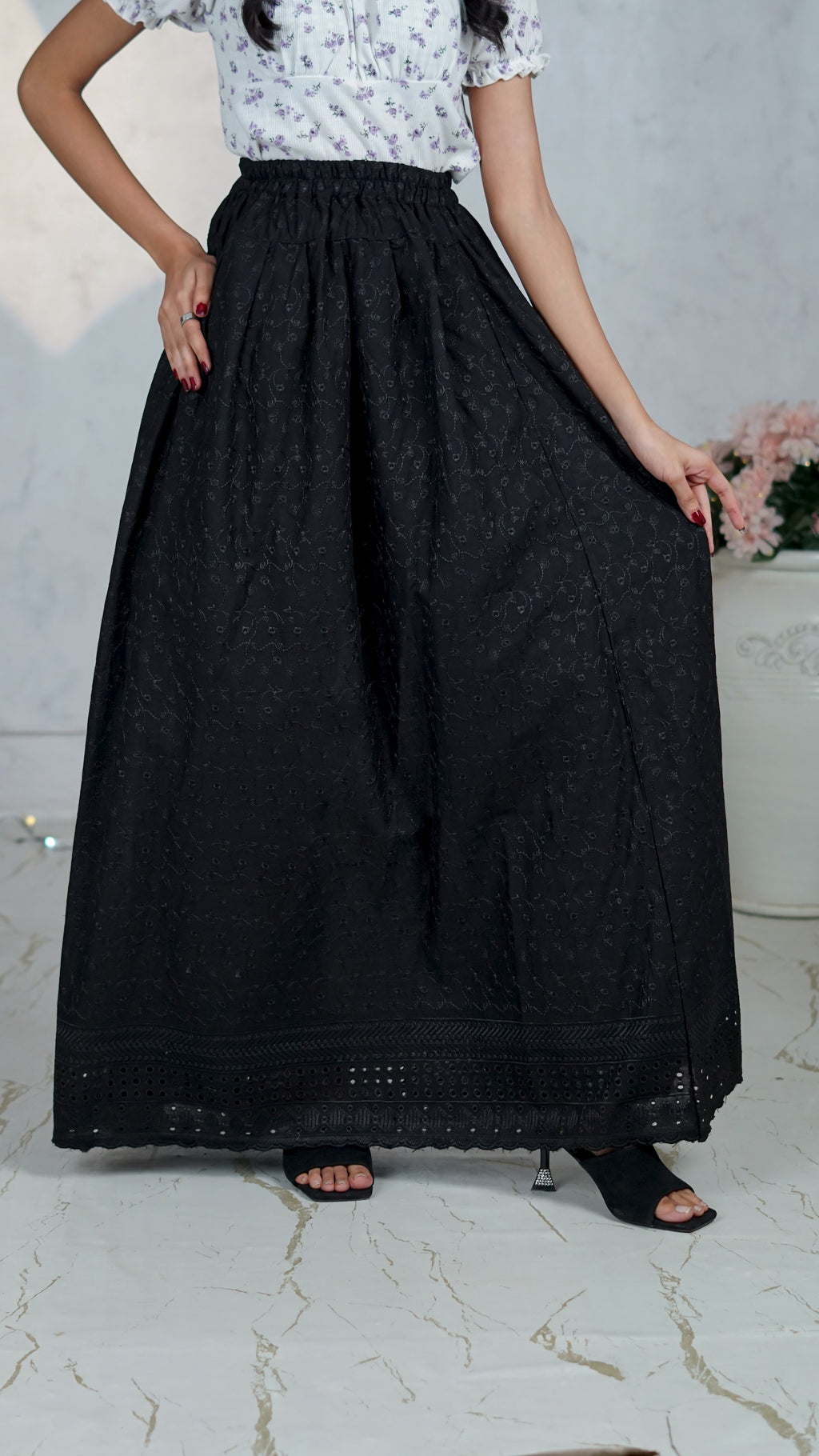 Noir Vine Chikankari Maxi Skirt | The Western Edit