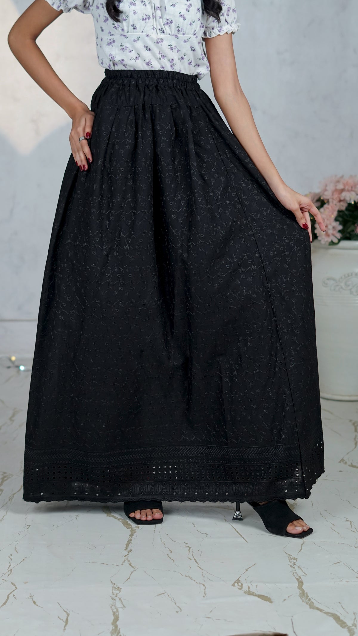 Noir Vine Chikankari Maxi Skirt | The Western Edit