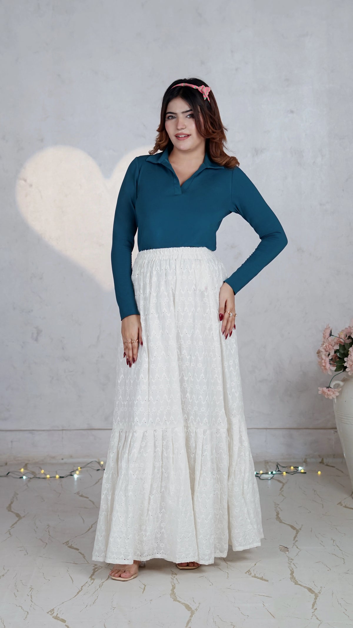 Chevron Bloom Chikankari Tiered Skirt | The Western Edit