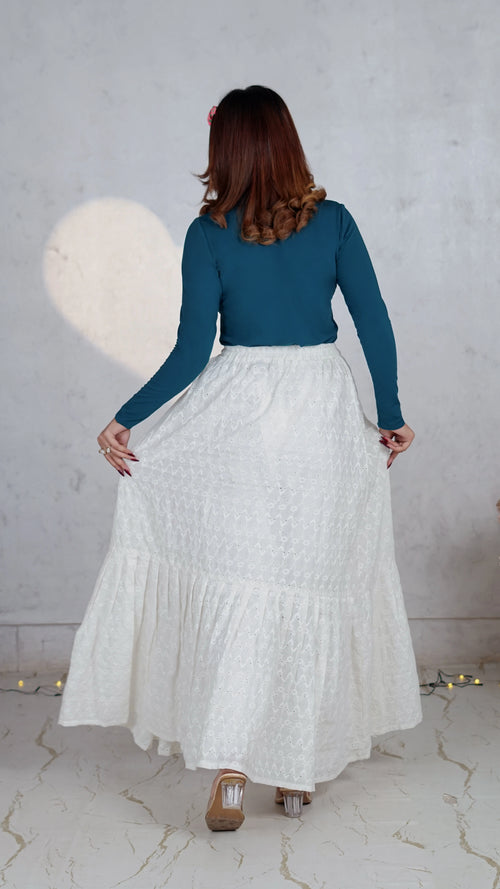 Chevron Bloom Chikankari Tiered Skirt | The Western Edit