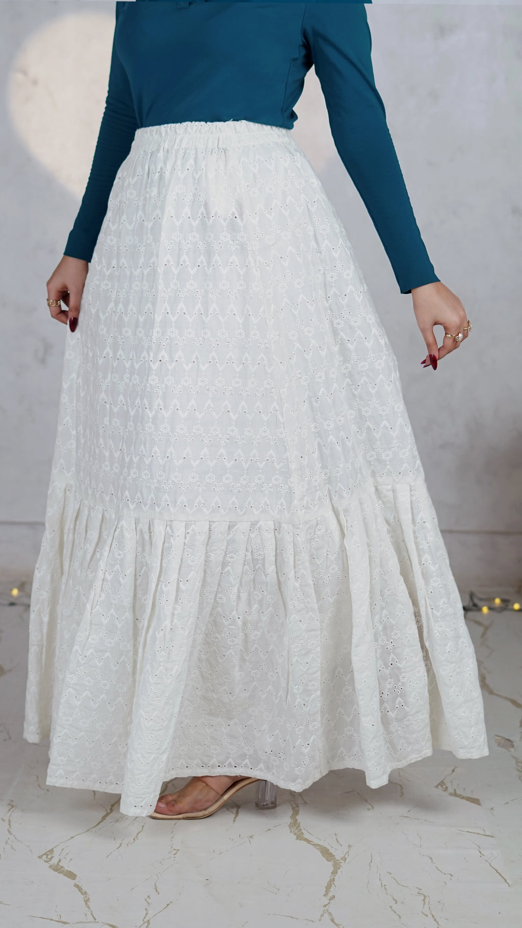 Chevron Bloom Chikankari Tiered Skirt | The Western Edit