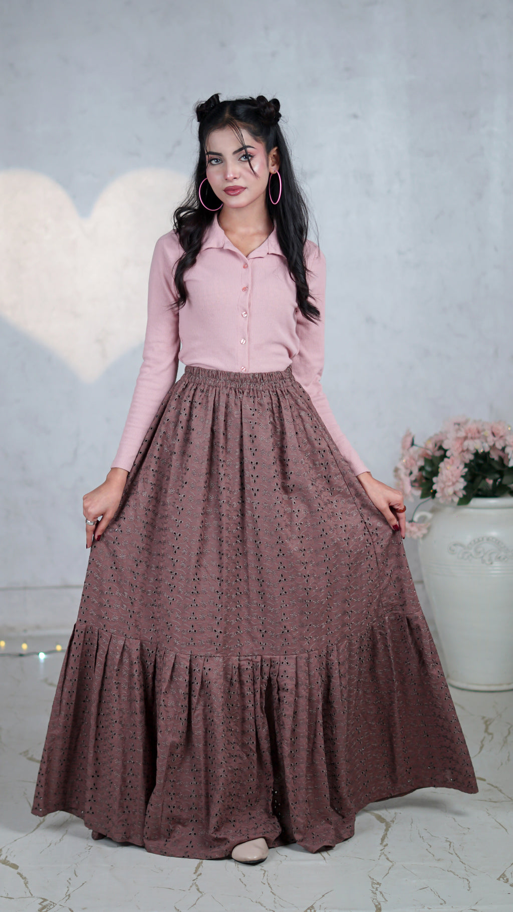 Mocha Petal Chikankari Tiered Skirt | The Western Edit