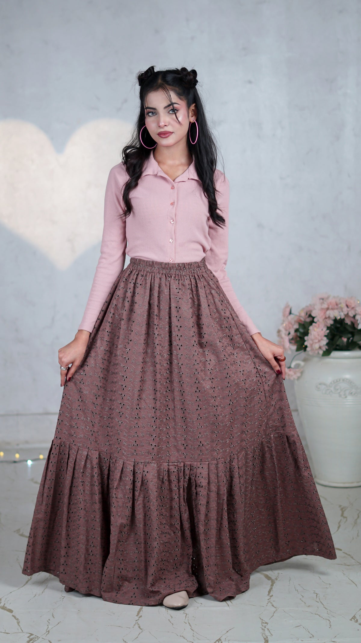 Mocha Petal Chikankari Tiered Skirt | The Western Edit