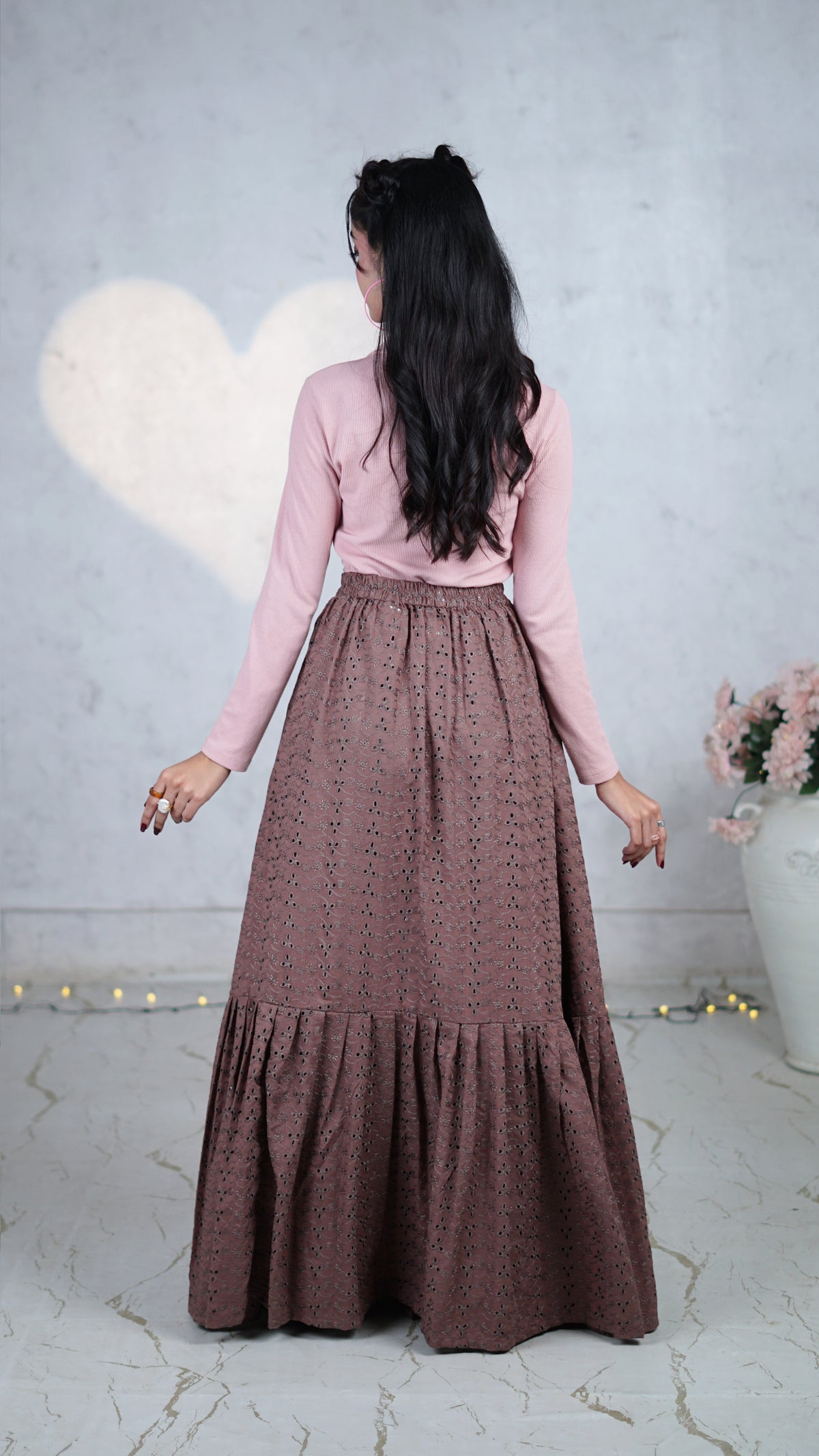 Mocha Petal Chikankari Tiered Skirt | The Western Edit