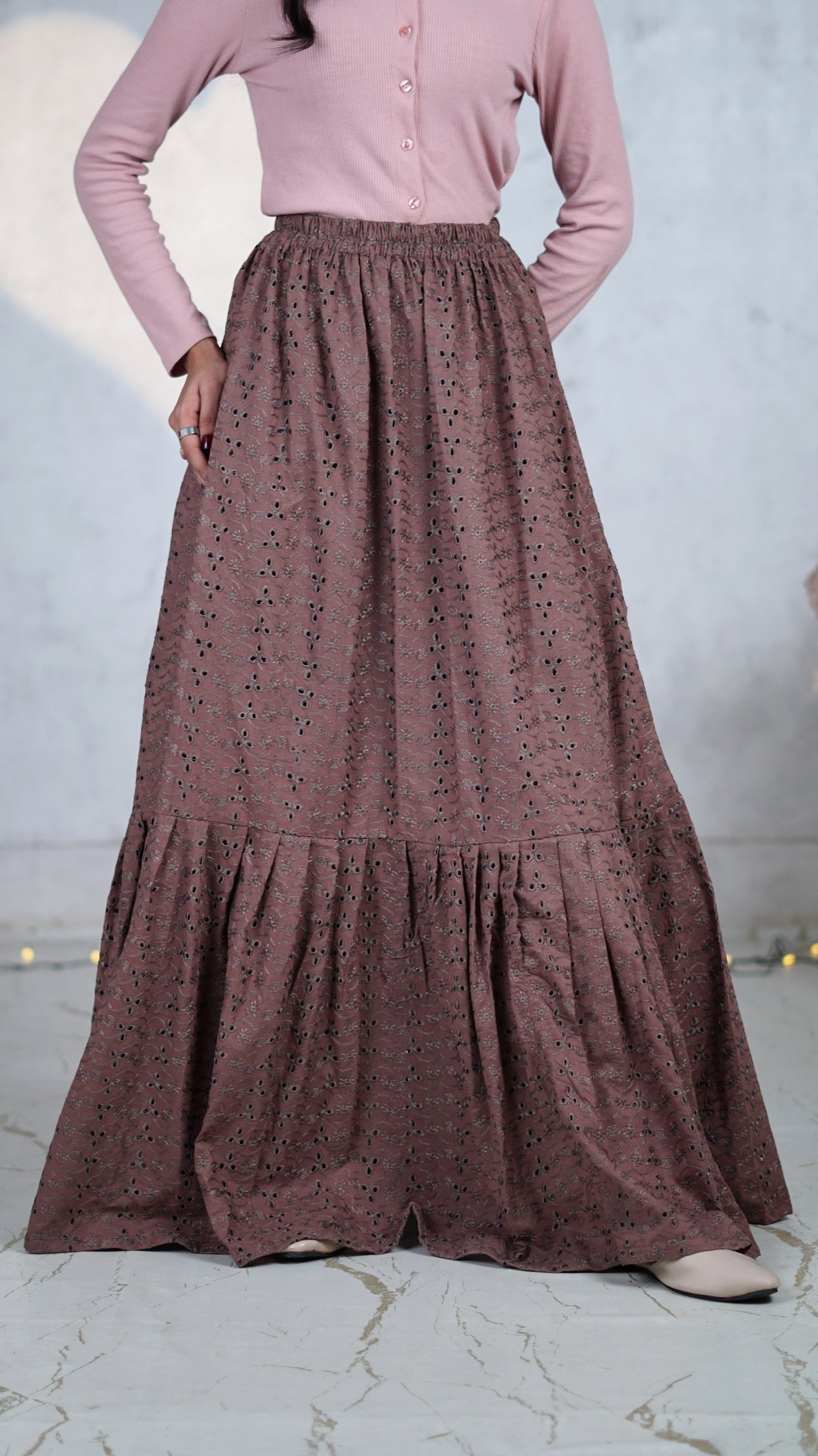 Mocha Petal Chikankari Tiered Skirt | The Western Edit