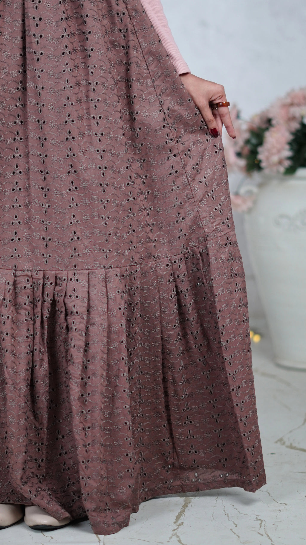Mocha Petal Chikankari Tiered Skirt | The Western Edit