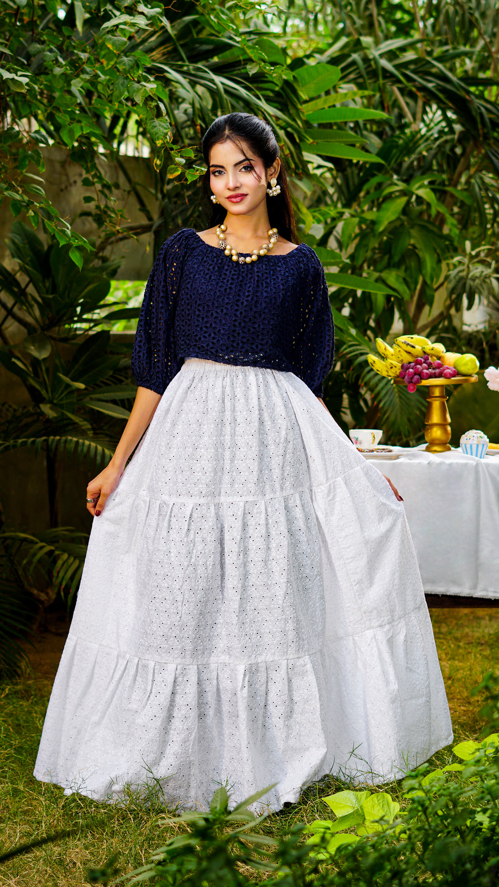 Snow Cascade Three-Tier Chikankari Skirt | The Western Edit