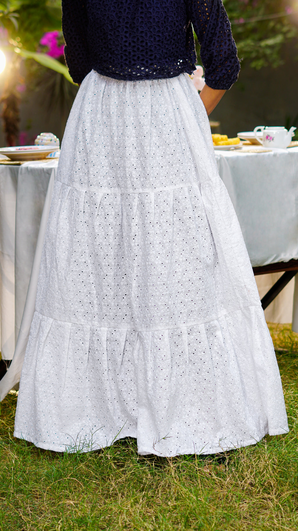 Snow Cascade Three-Tier Chikankari Skirt | The Western Edit